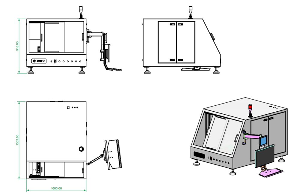 Desenho técnico da Sasinno Star-1 com as dimensões externas em milímetros: 1003 x 1303 x 918 mm