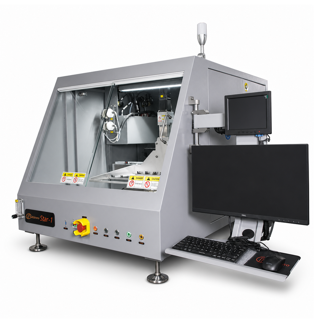 Sasinno Star-1, máquina de solda seletiva de bancada, vista lateral esquerda